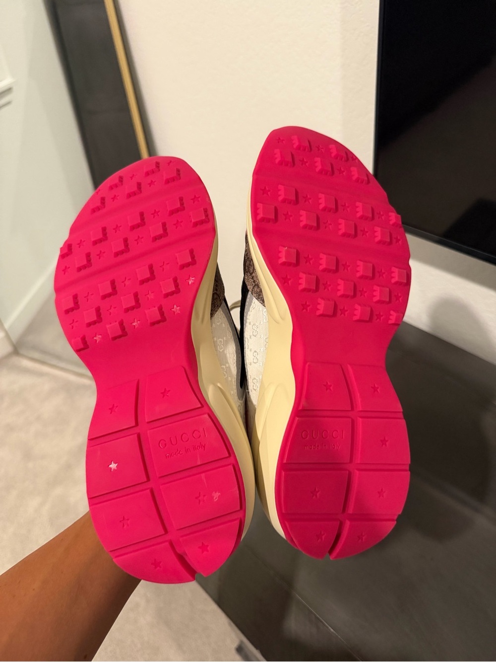 Gucci Women’s Pink, Navy & Beige Mixed-Media Sneakers - Picture 2 of 2